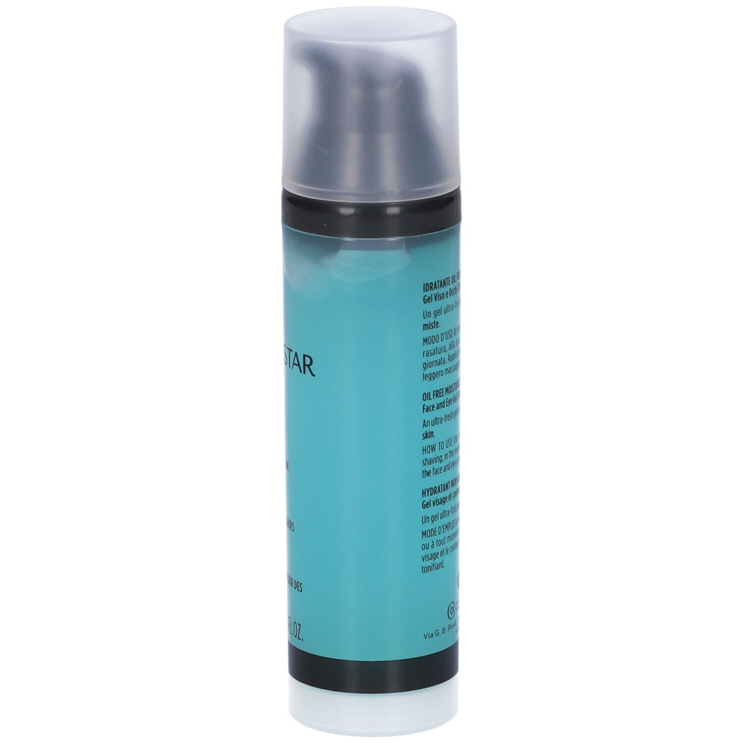 Flacone cilindrico con liquido blu e tappo nero. Scritte: Uomo Collistar, Hydra, Oil Free, 80 ml. Gel idratante.