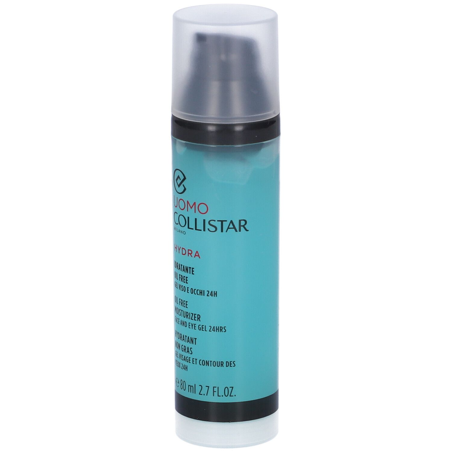 Flacone cilindrico con liquido blu e tappo nero. Scritte: Uomo Collistar, Hydra, Oil Free, 80 ml. Gel idratante.