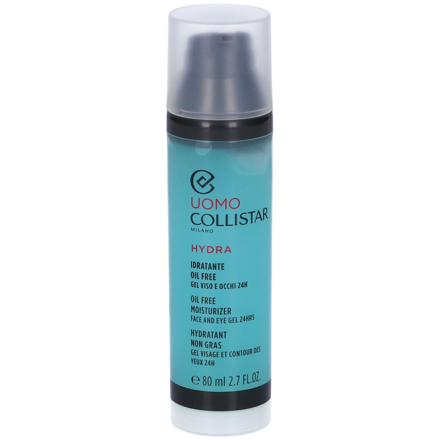 Flacone cilindrico con liquido blu e tappo nero. Scritte: Uomo Collistar, Hydra, Oil Free, 80 ml. Gel idratante.