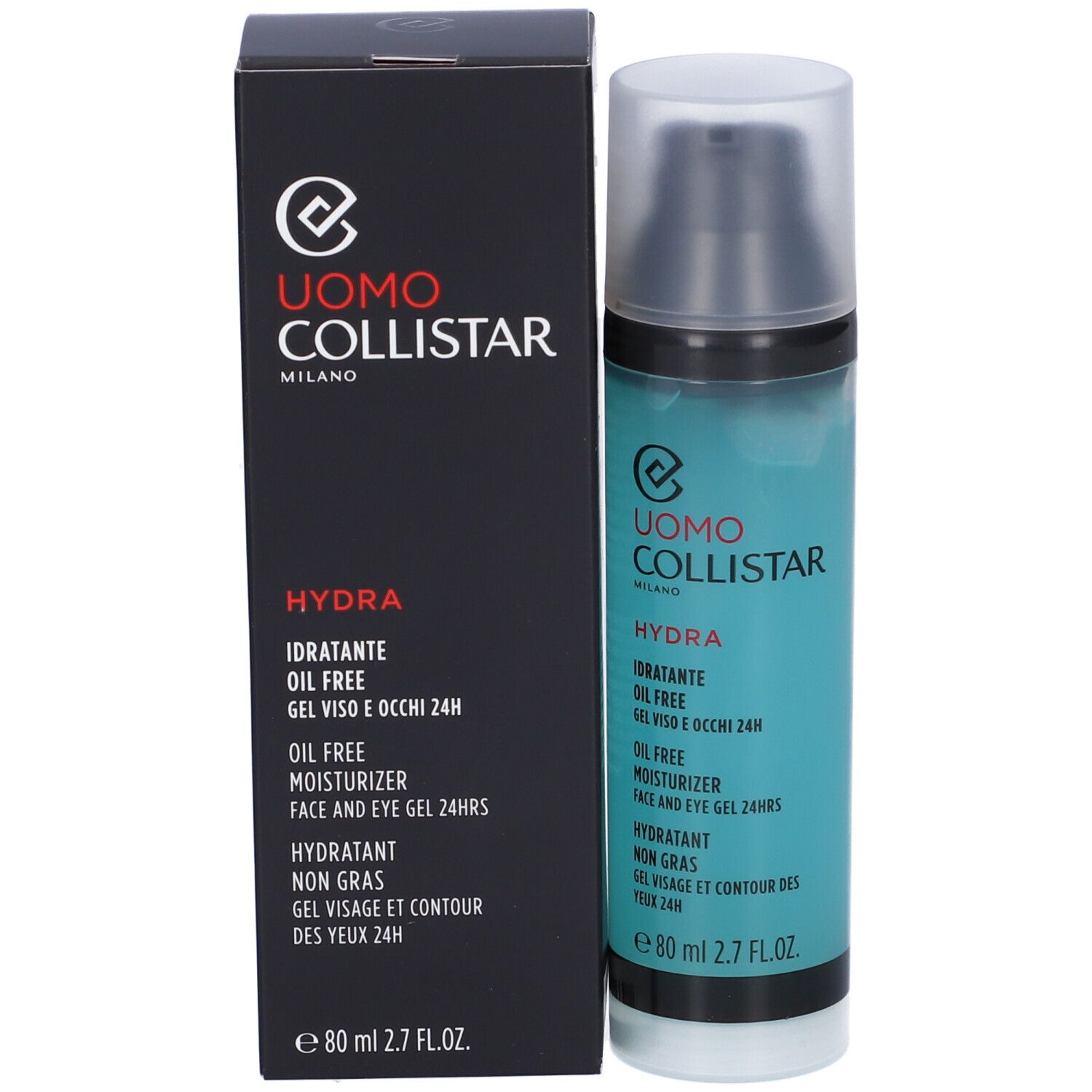 Flacone e confezione nera. Scritte: Uomo Collistar, Hydra, Oil Free, 80 ml. Confezione con logo.