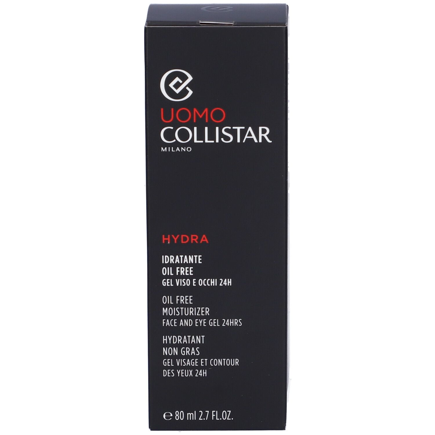 Confezione nera con testo bianco. Scritte: Uomo Collistar, Hydra, Oil Free, 80 ml. Logo.