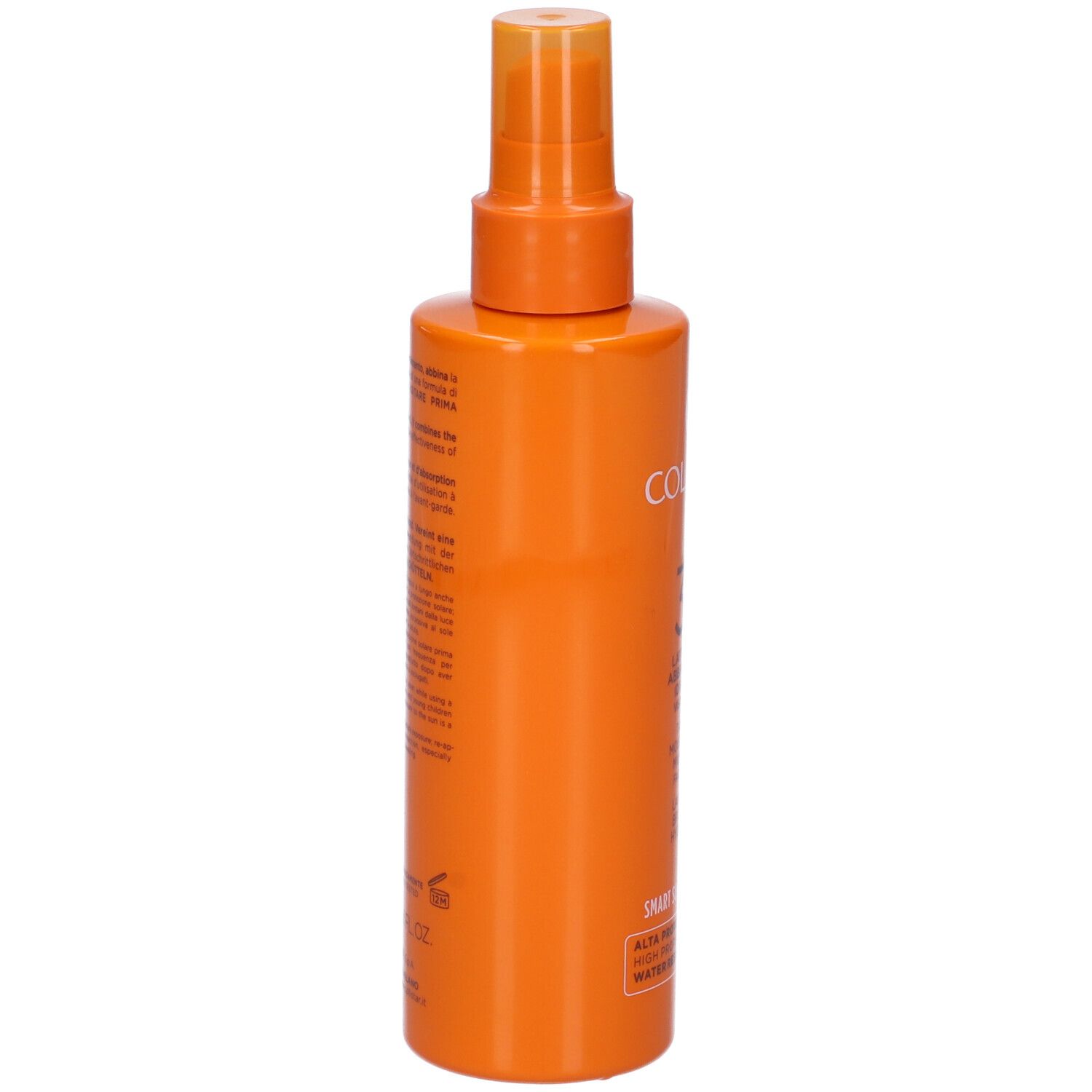 Flacone spray arancione. Testo sul lato. Con erogatore spray. Vista laterale.