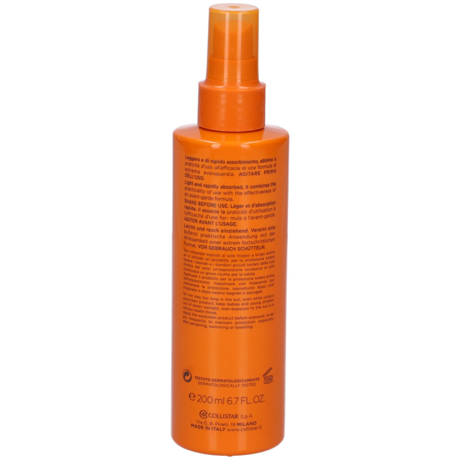 Flacone spray arancione. Testo sul retro. Con erogatore spray. Vista posteriore.