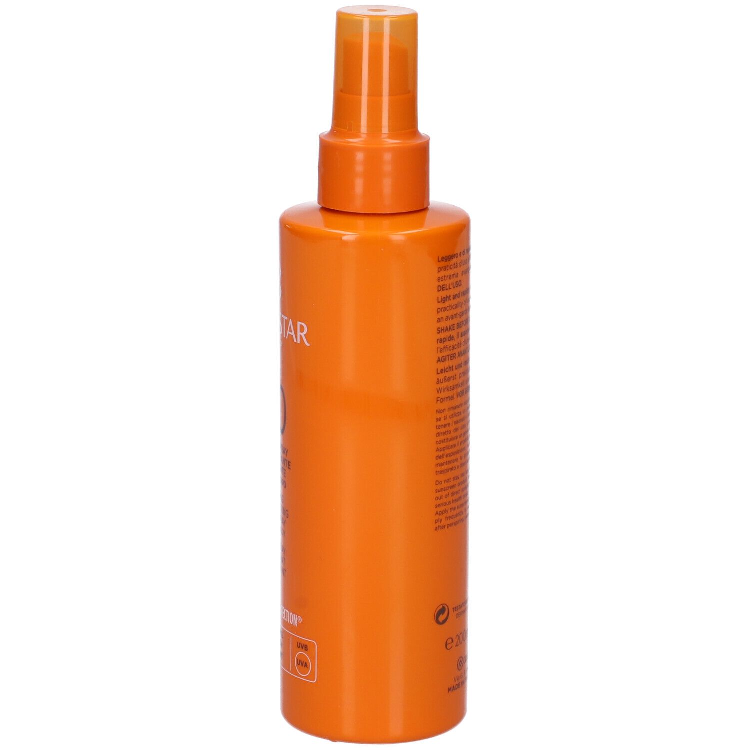 Flacone spray arancione. Testo sul lato. Con erogatore spray. Vista laterale.