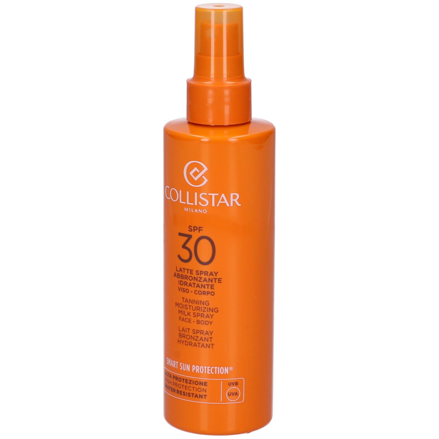 Flacone spray arancione con etichetta bianca. Testo: Collistar, SPF 30, Latte Spray Abbronzante, ecc. Con erogatore spray.