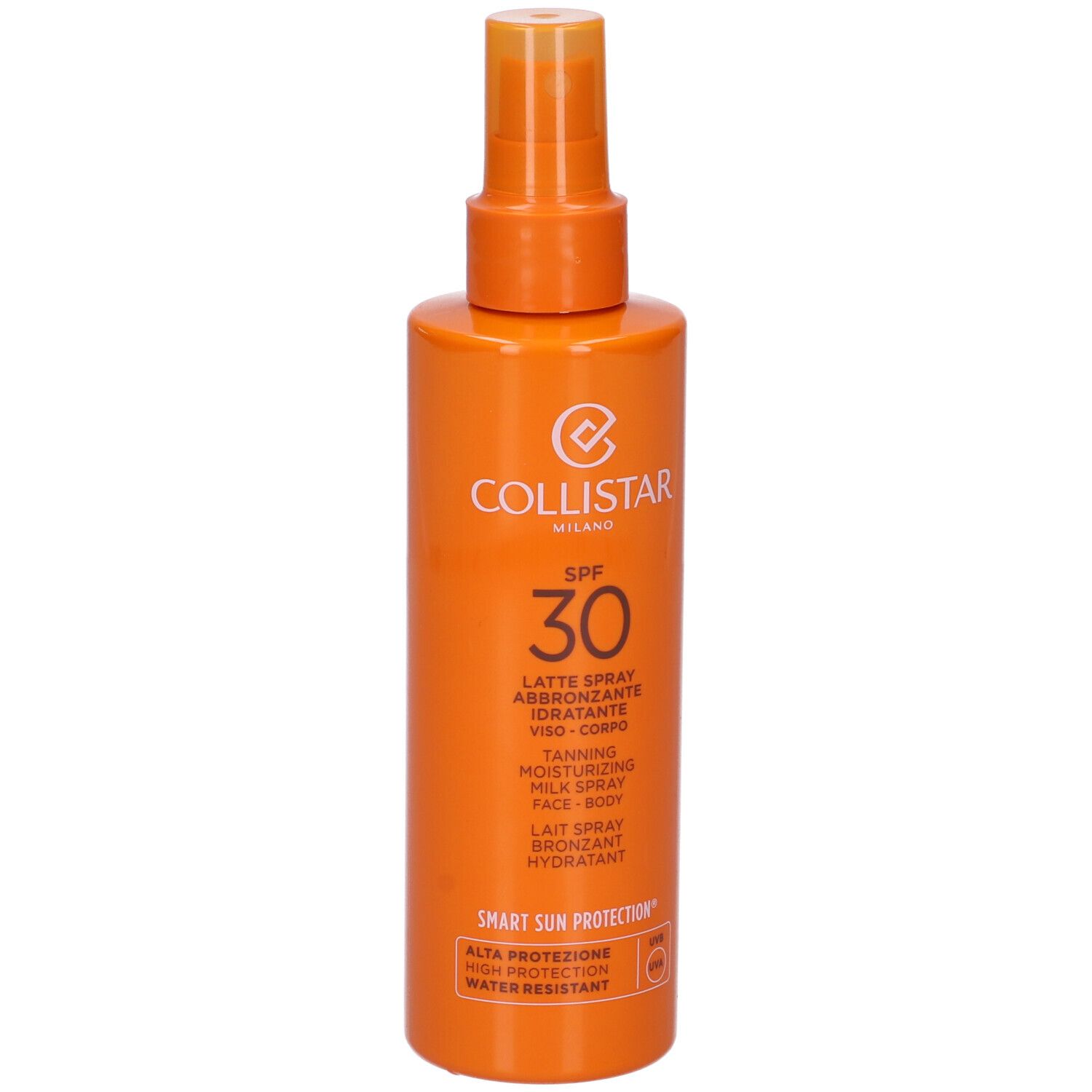 Flacone spray arancione con etichetta bianca. Testo: Collistar, SPF 30, Latte Spray Abbronzante, ecc. Con erogatore spray.