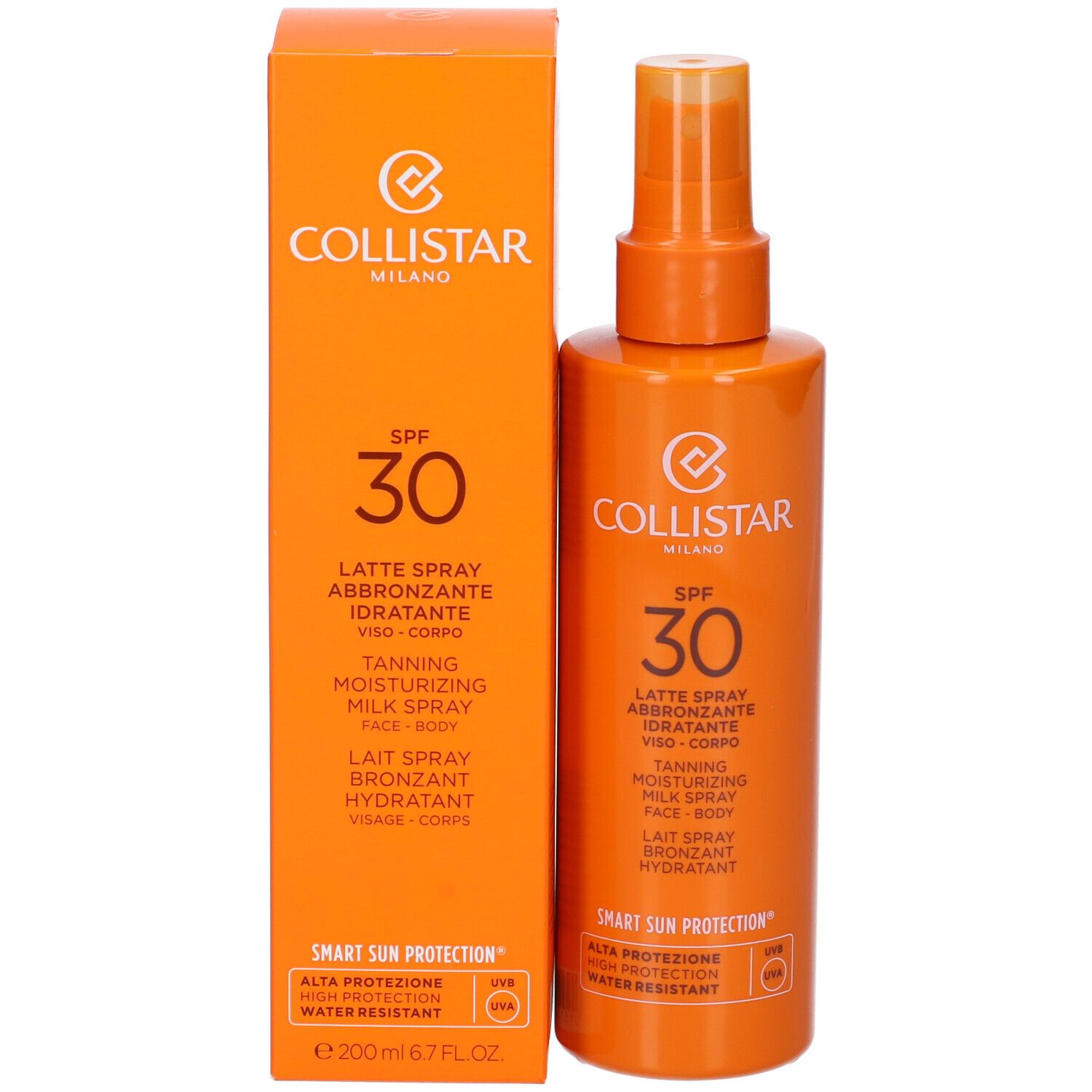 Flacone spray arancione e scatola. Testo: Collistar, SPF 30, Latte Spray Abbronzante, ecc. Con erogatore spray.