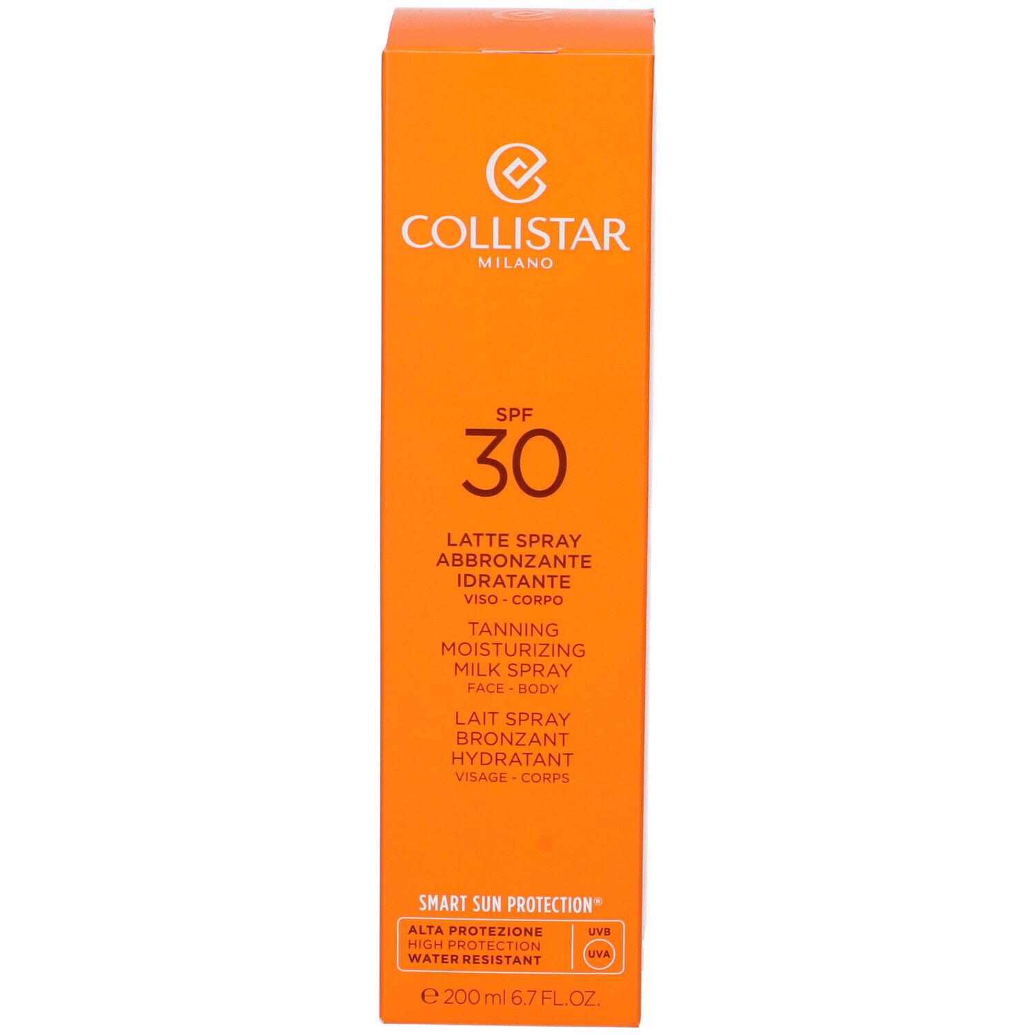Scatola arancione. Testo: Collistar, SPF 30, Latte Spray Abbronzante, ecc. Con immagine del prodotto.
