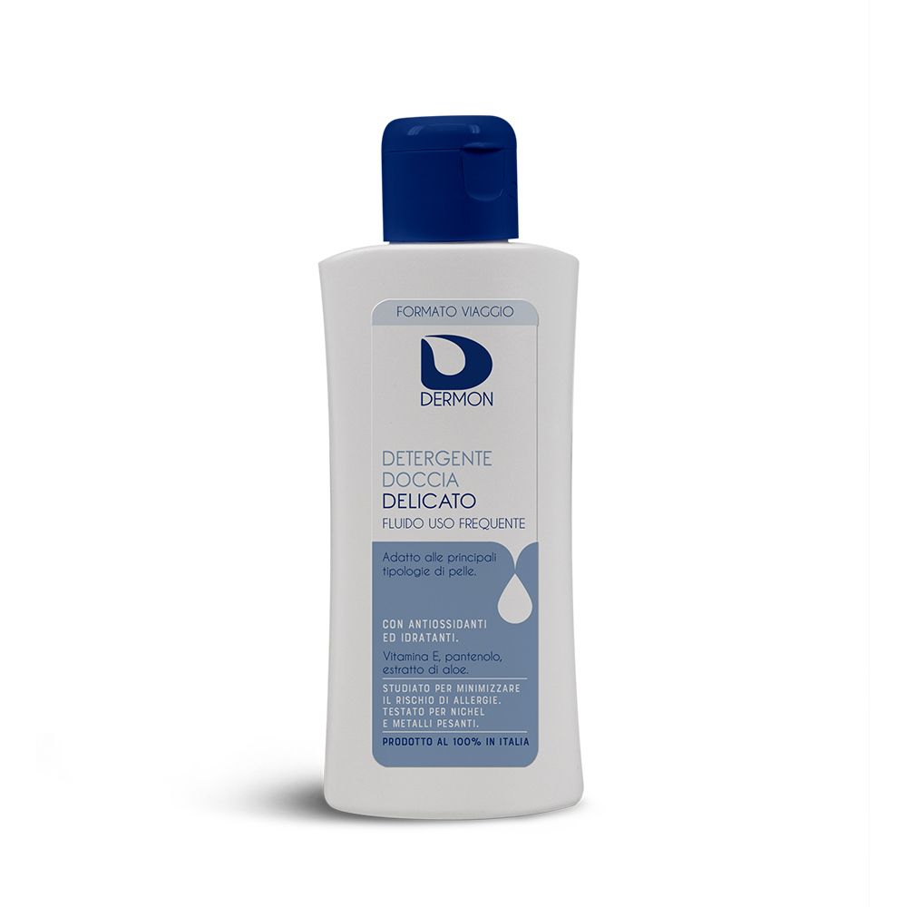 Weiße Flasche mit blauem Verschluss, Dermon Duschgel, 100ml, Reiseformat.