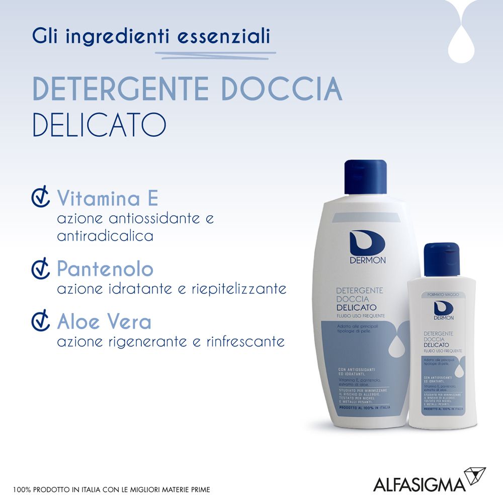 Zwei weiße Dermon Duschgel-Flaschen mit blauen Verschlüssen. Liste der Inhaltsstoffe: Vitamin E, Panthenol, Aloe Vera.