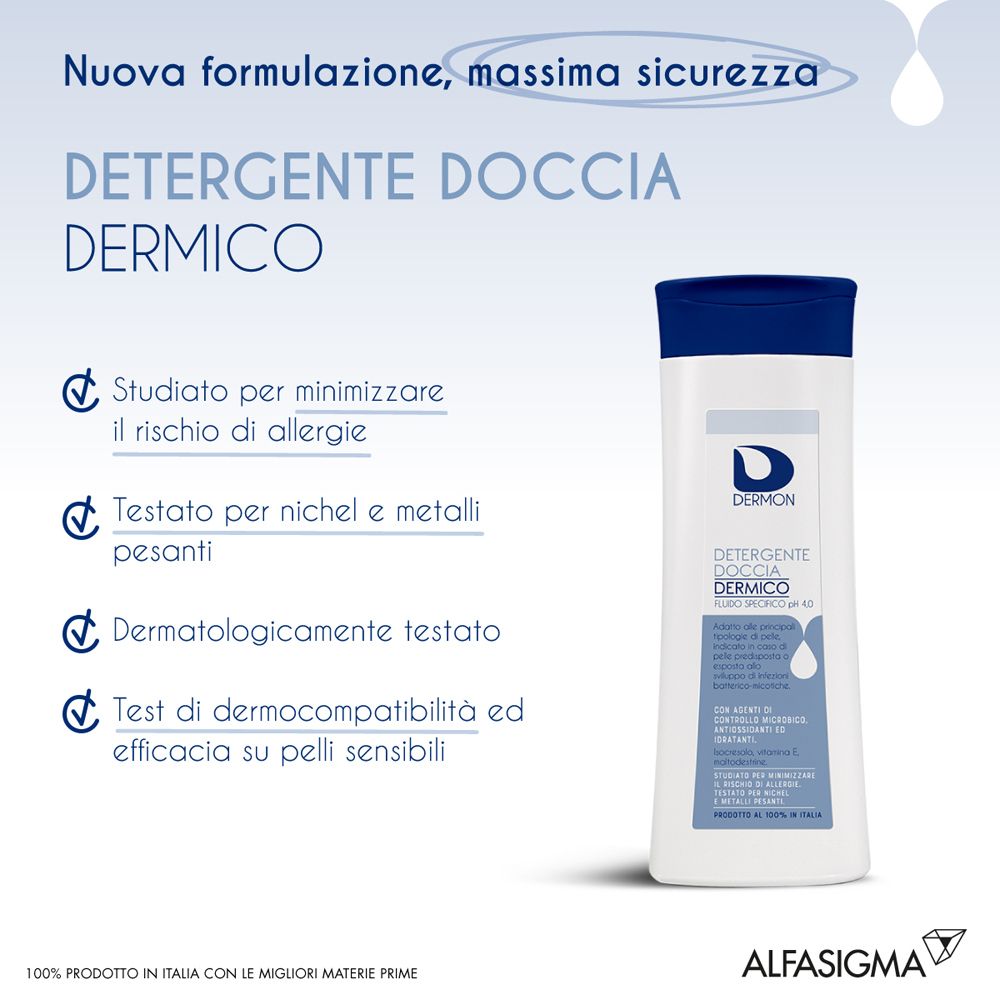 Weiße Flasche mit blauem Deckel, Duschreiniger für empfindliche Haut, dermatologisch getestet.