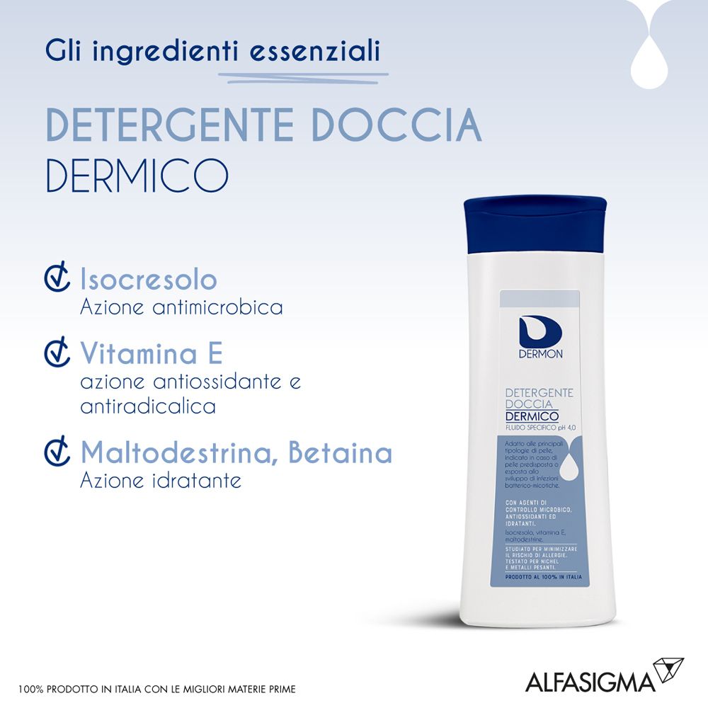 Dermon Duschgel mit Isocresol, Vitamin E und Maltodextrin. Weiße Flasche mit blauem Deckel.