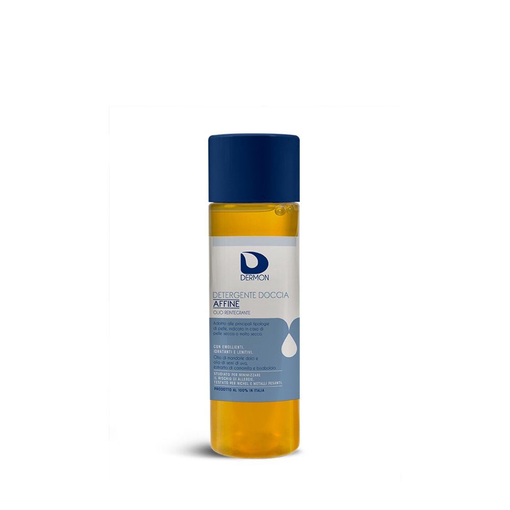 Dermon Detergente Doccia Affine. Flacone con tappo blu e liquido giallo. Etichetta del prodotto visibile.