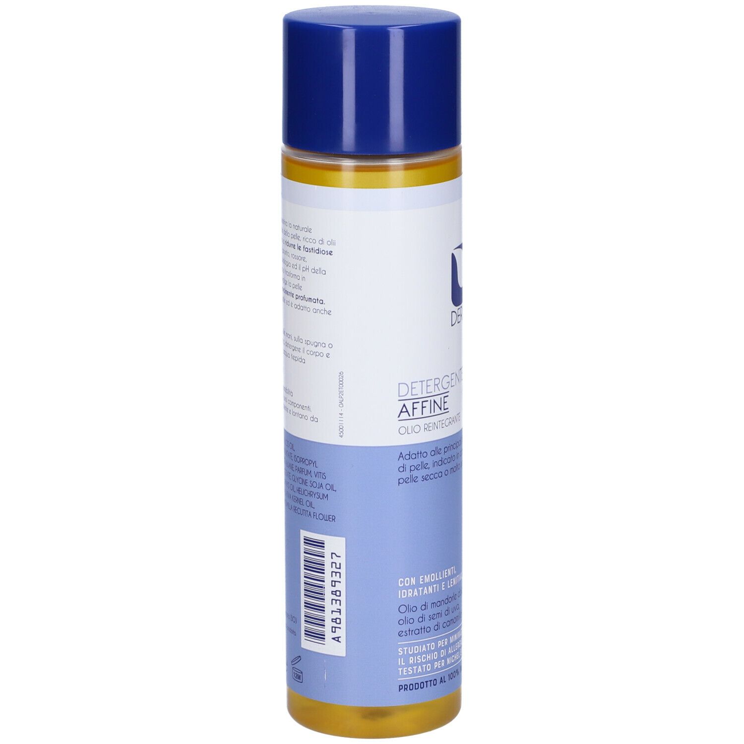 Retro del flacone Dermon Detergente Doccia Affine. Informazioni sul prodotto e codice a barre.