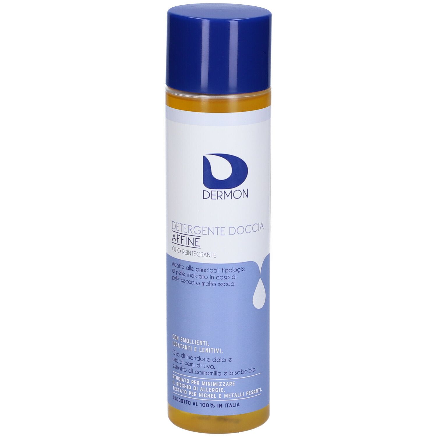 Dermon Detergente Doccia Affine. Flacone con tappo blu e liquido giallo. Etichetta del prodotto visibile.