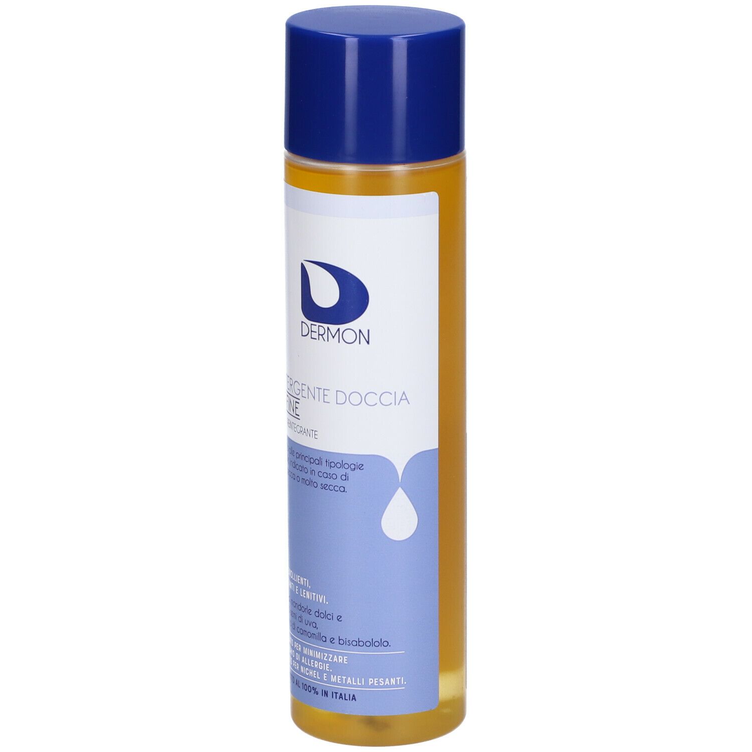 Dermon Detergente Doccia Affine. Flacone con tappo blu e liquido giallo. Etichetta del prodotto visibile.