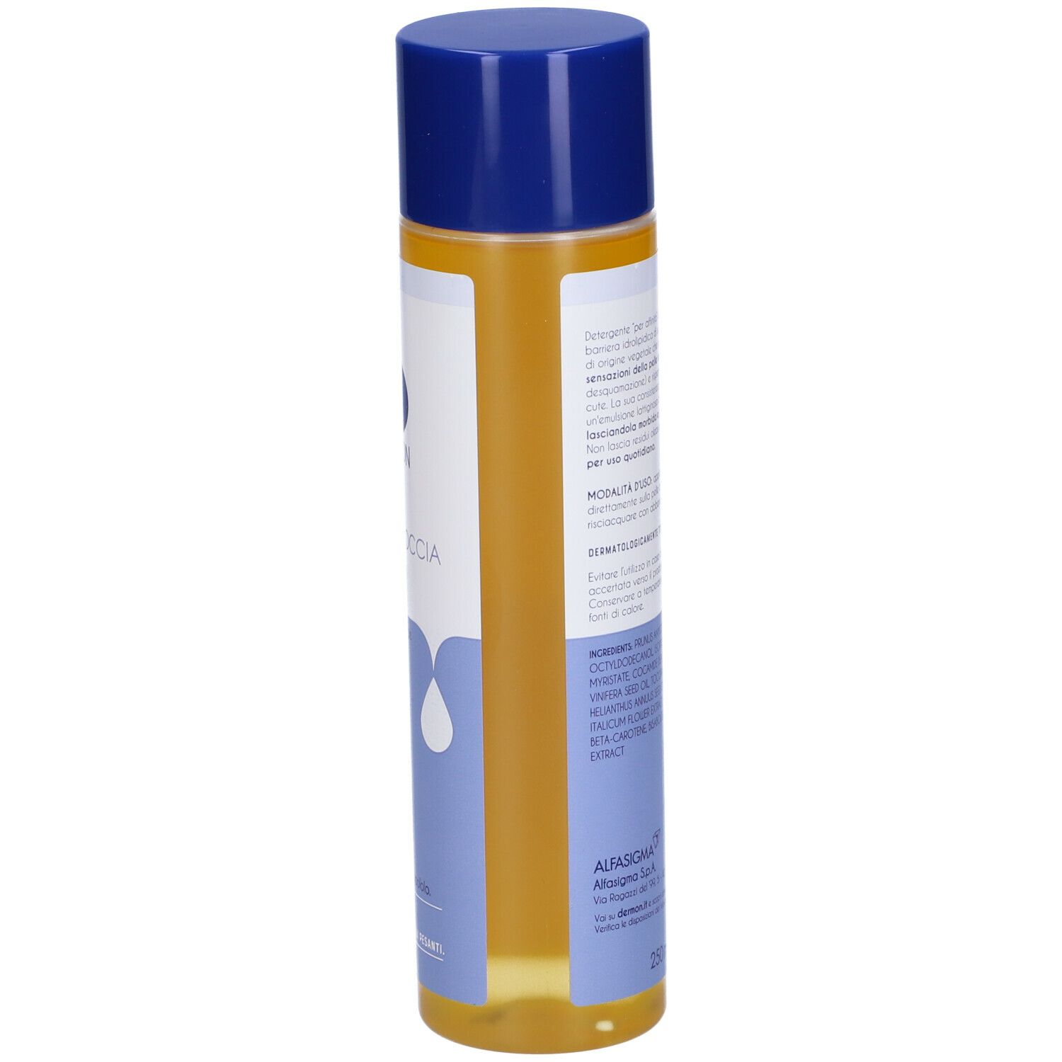Retro del flacone Dermon Detergente Doccia Affine. Informazioni e ingredienti del prodotto.