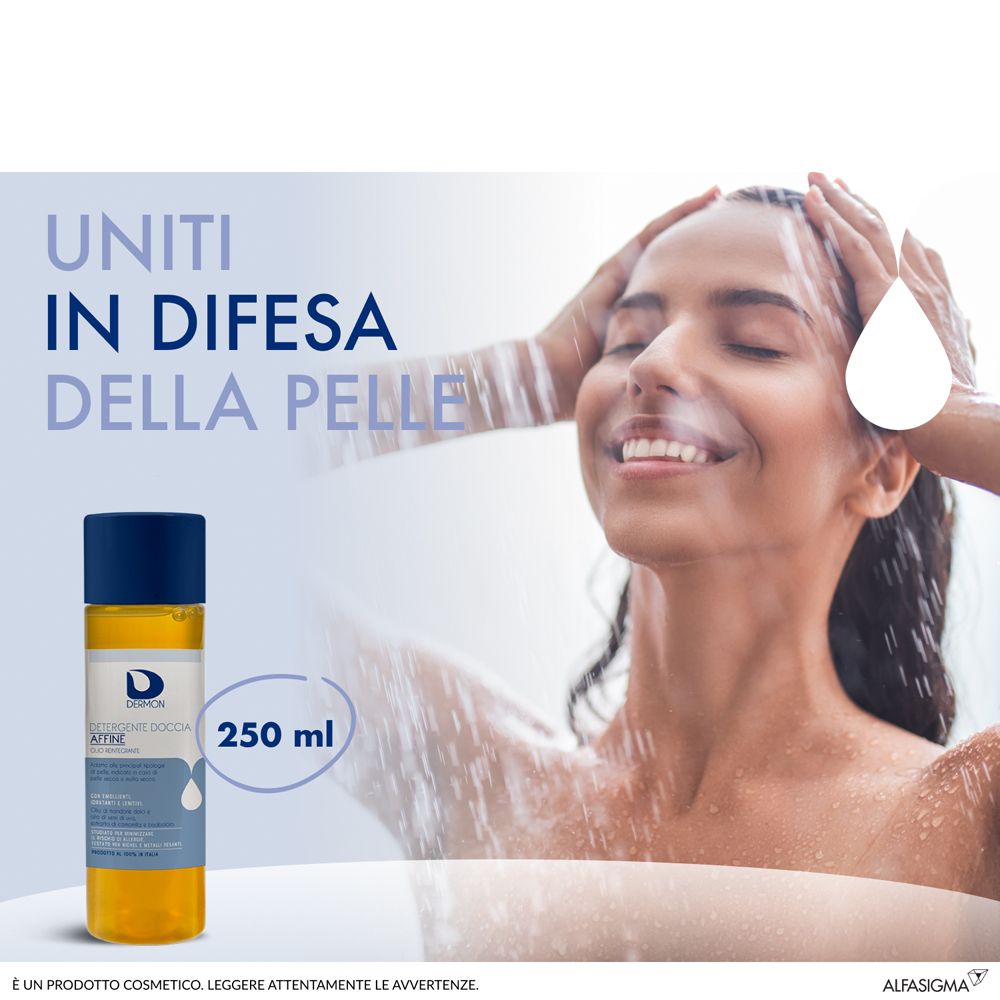 Pubblicità per Dermon Detergente Doccia Affine. Donna sotto la doccia. Flacone e testo: 250 ml.