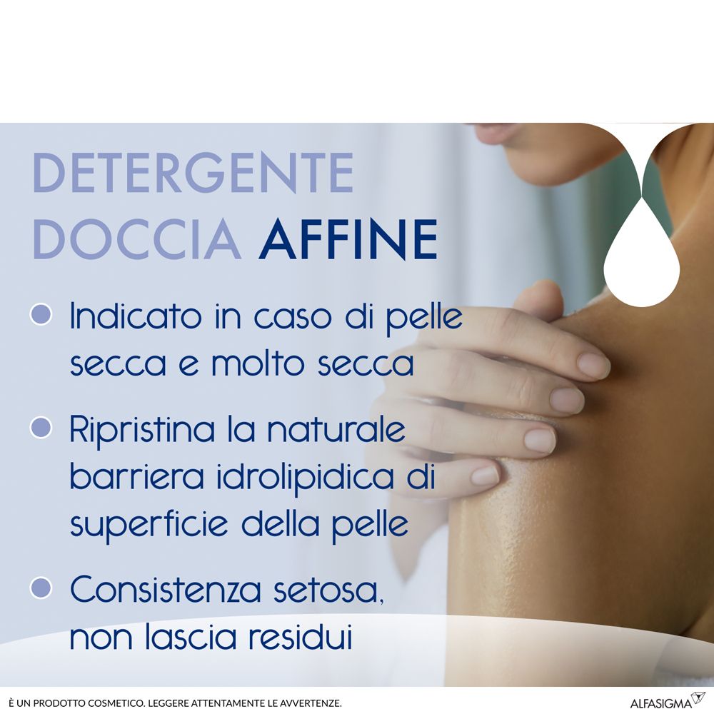Testo per Dermon Detergente Doccia Affine. Indicazioni per pelle secca. Texture setosa, senza residui.