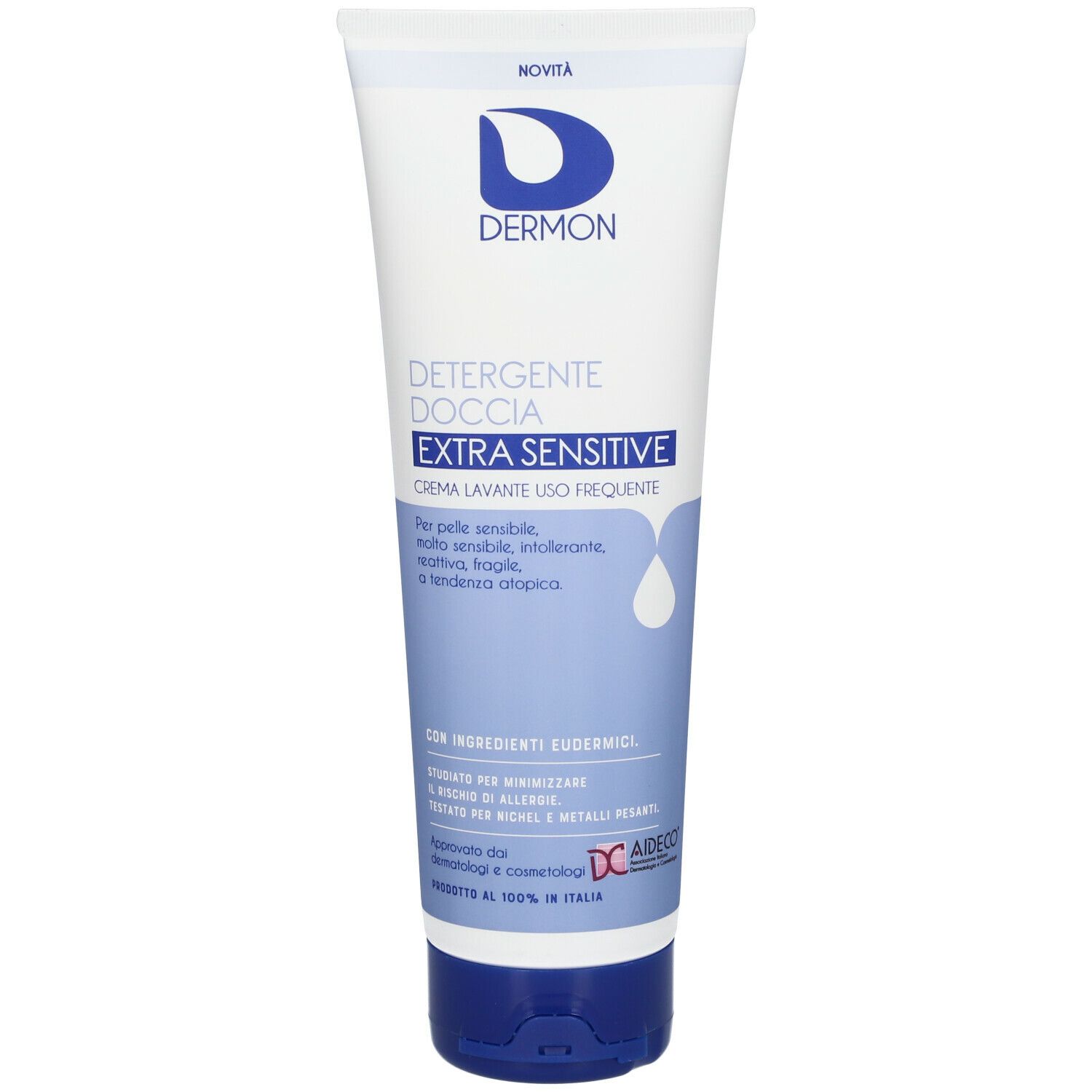 Tubo bianco-blu con testo. "Dermon Detergente Doccia Extra Sensitive" e altre informazioni.