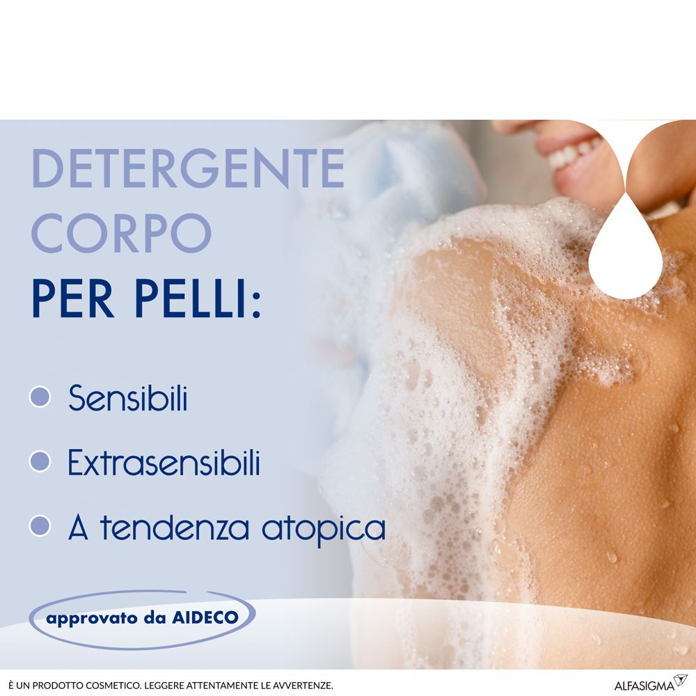 Testo: "Detergente Corpo Per Pelli: Sensibili, Extrasensibili, A tendenza atopica". Certificazione AIDECO.