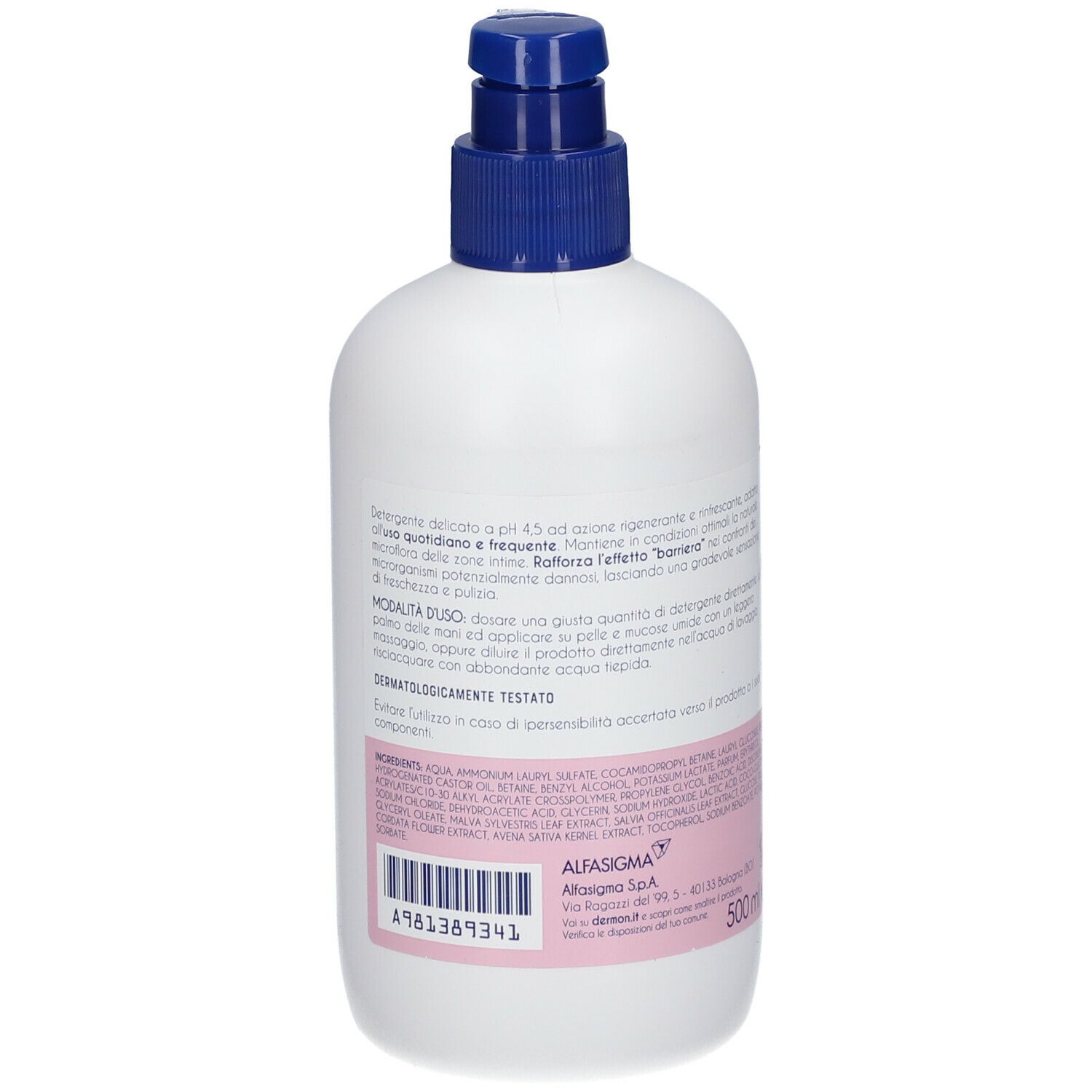 Flacone bianco con dosatore blu. Scritta: Dermon Detergente Intimo pH 4,5. Retro con testo e codice a barre.