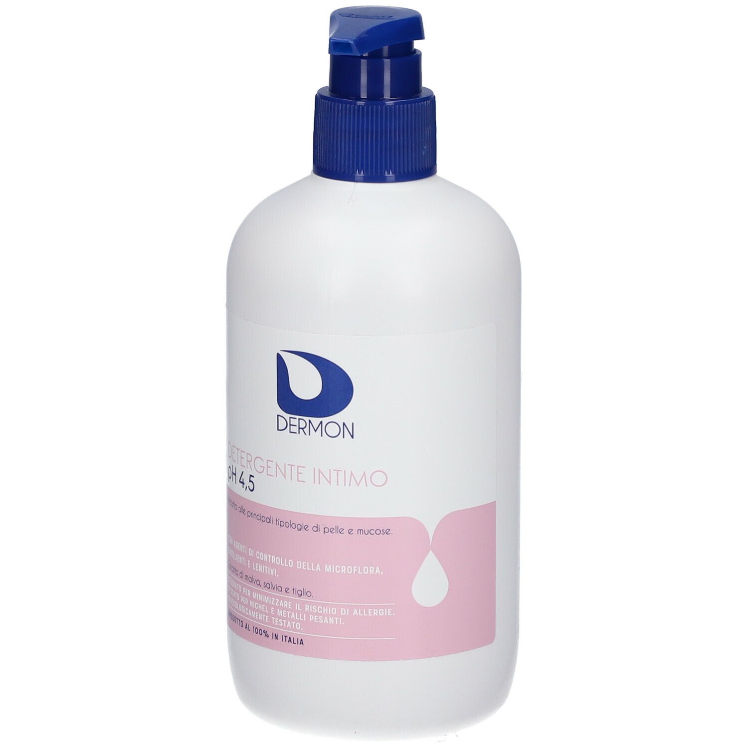 Flacone bianco con dosatore blu. Scritta: Dermon Detergente Intimo pH 4,5. Etichetta rosa con goccia.