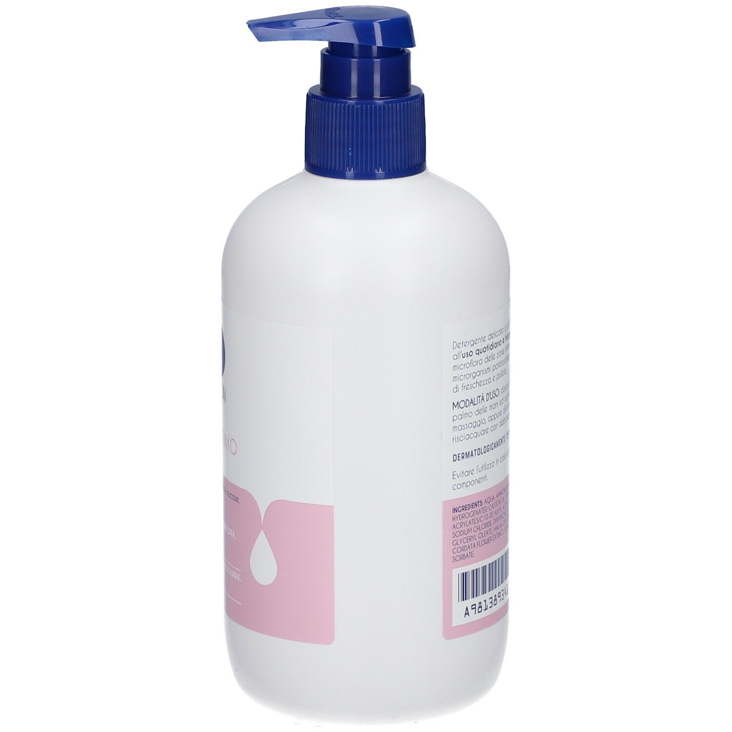 Flacone bianco con dosatore blu. Scritta: Dermon Detergente Intimo pH 4,5. Lato con testo e ingredienti.