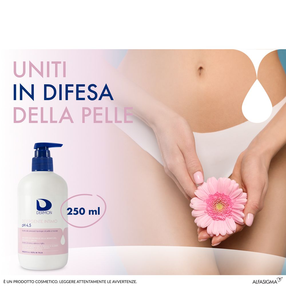 Immagine pubblicitaria. Flacone Dermon Detergente Intimo pH 4,5 vicino a donna con fiore. Testo: Uniti in difesa della pelle.