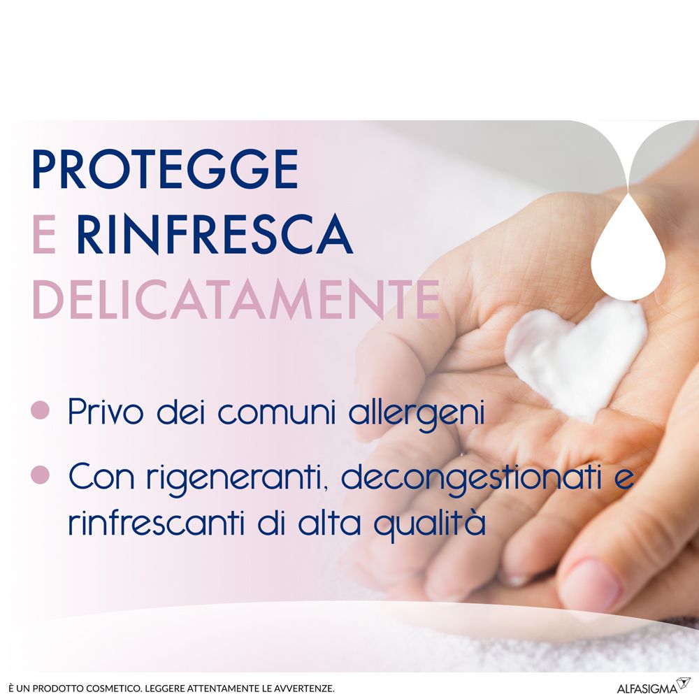 Mano con crema a forma di cuore. Testo: Protegge e rinfresca delicatamente. Punti: Privo dei comuni allergeni, Con rigeneranti.