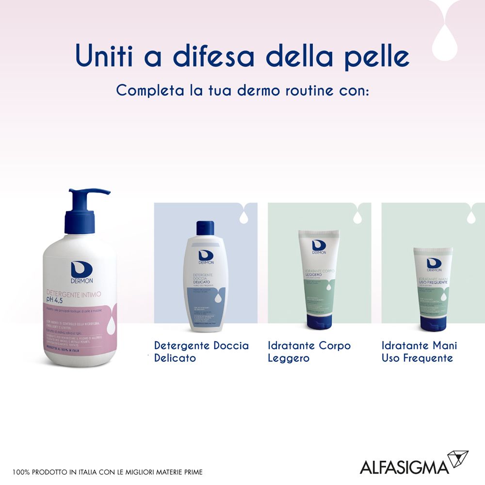 Pubblicità. Quattro prodotti: Dermon Detergente Intimo, Detergente Doccia Delicato, Idratante Corpo Leggero, Idratante Mani.
