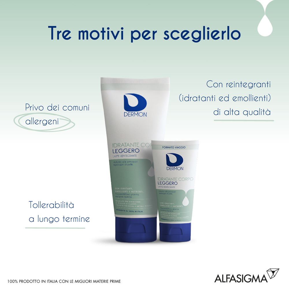 Zwei Tuben: eine große und eine kleine. Text: Privo dei comuni allergeni, Tollerabilità a lungo termine.