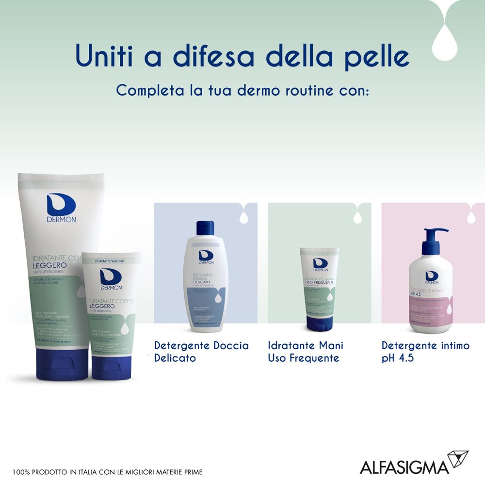 Verschiedene Dermon-Produkte: Tube, kleine Tube, Duschgel, Handcreme, Intimwaschlotion.