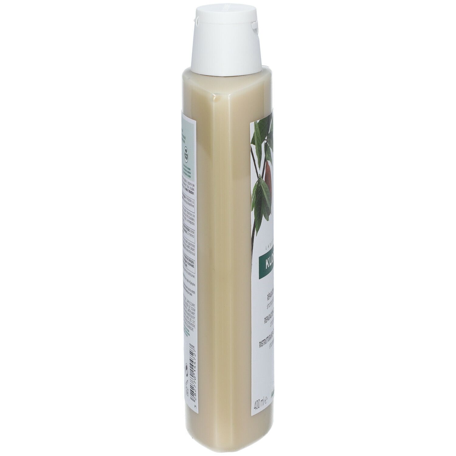 Flacone di shampoo beige con tappo bianco. Vista laterale con testo ed etichette.
