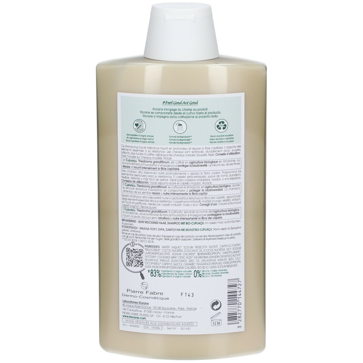 Retro di un flacone di shampoo. Testo ed etichette con ingredienti e informazioni.