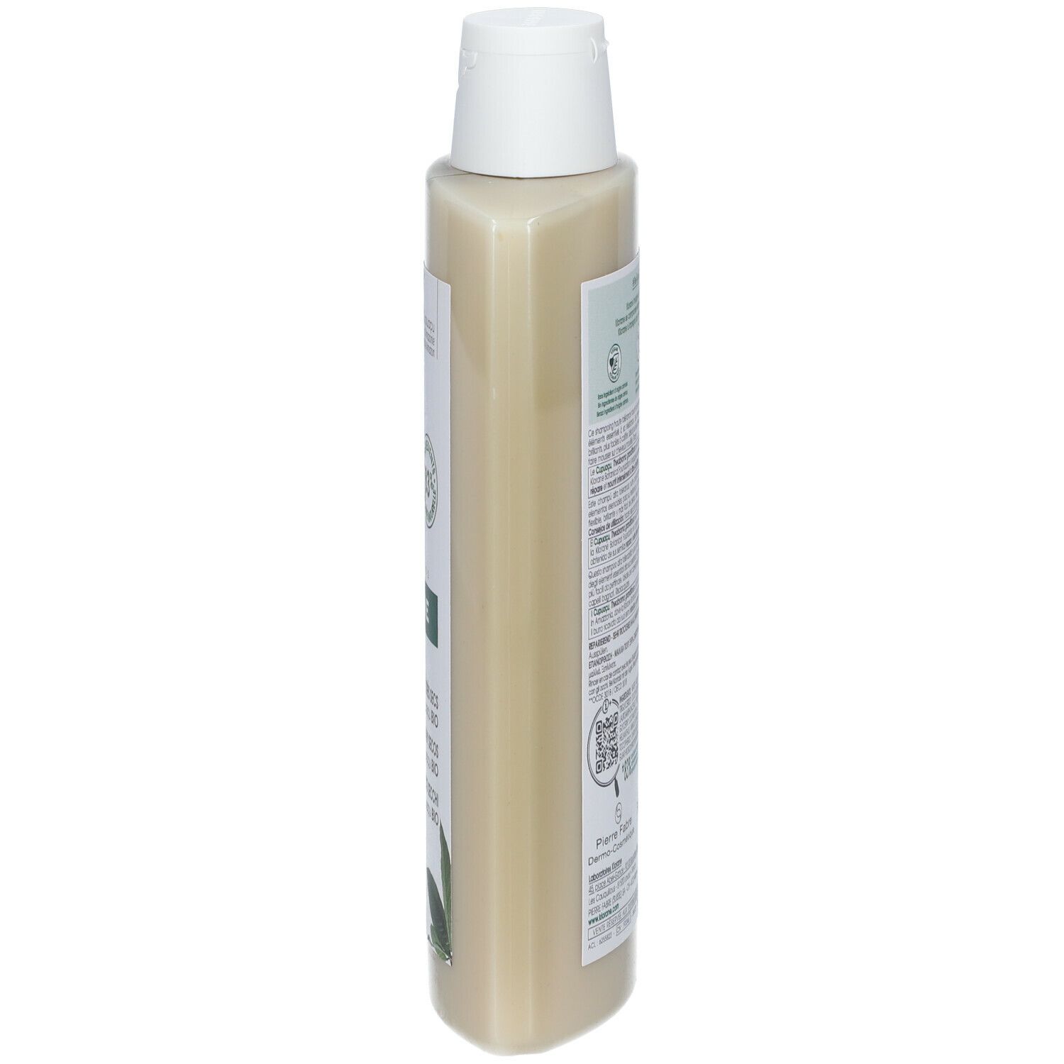 Flacone di shampoo beige con tappo bianco. Vista laterale con testo ed etichette.
