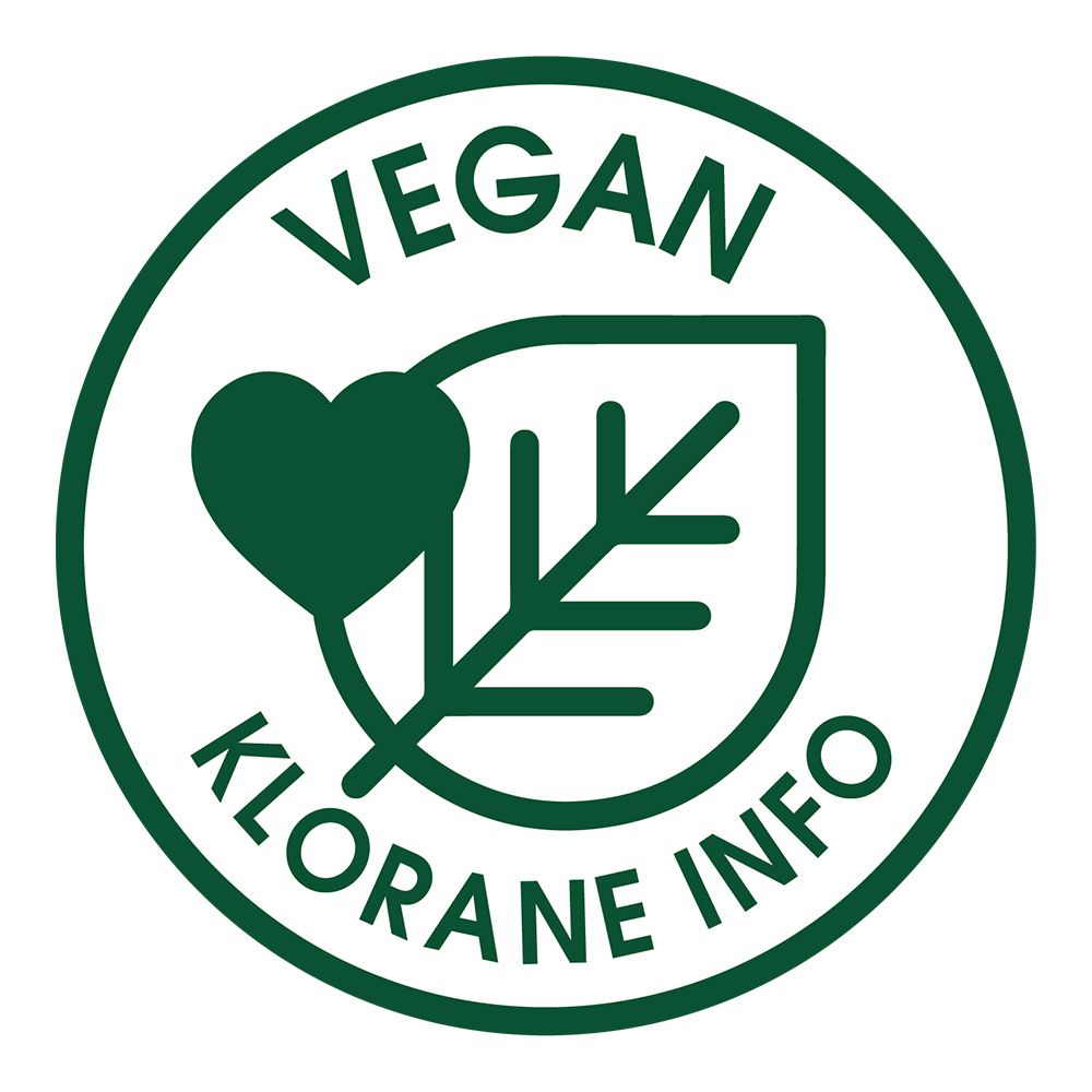 Logo rotondo verde con testo: VEGAN KLORANE INFO. Simbolo cuore e foglia.