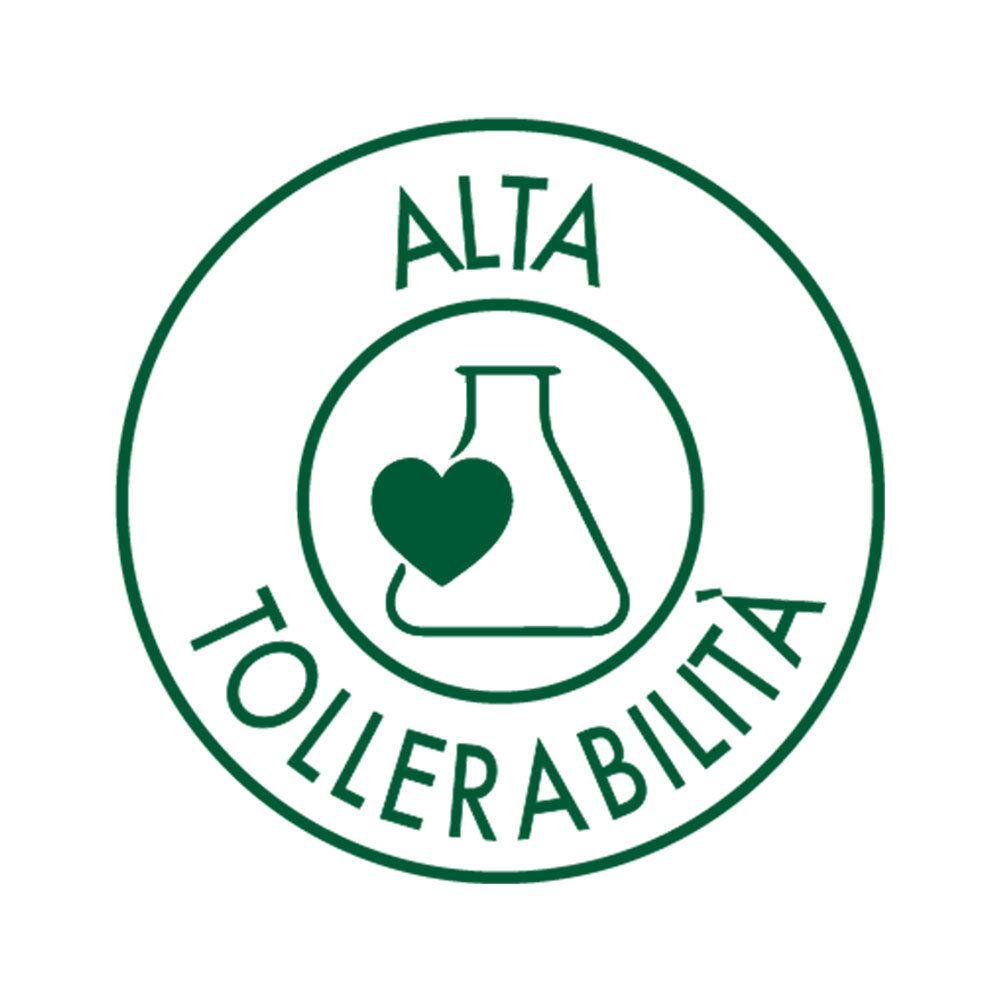 Adesivo rotondo con bordo verde e testo 'ALTA TOLLERABILITÀ'. Contiene un cuore e una provetta.