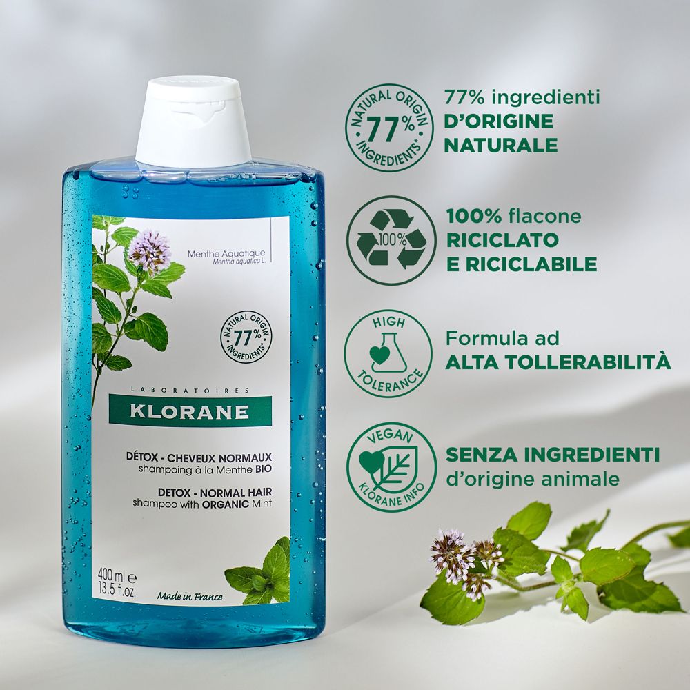 Klorane Shampoo Flasche mit Bio-Minze, 400ml. 77% natürliche Inhaltsstoffe, recycelbar.
