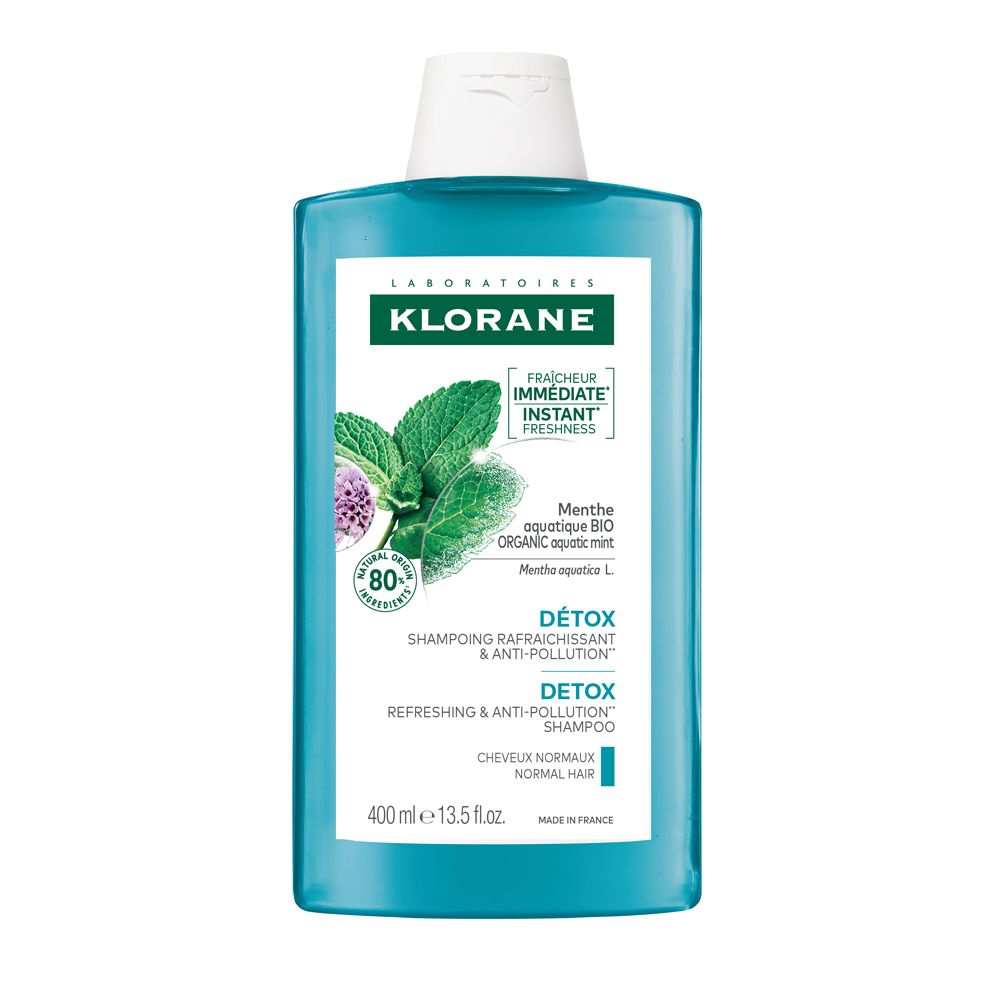 Klorane Detox Shampoo mit Bio-Minze, 400ml. Erfrischendes und Anti-Pollution Shampoo für normales Haar.