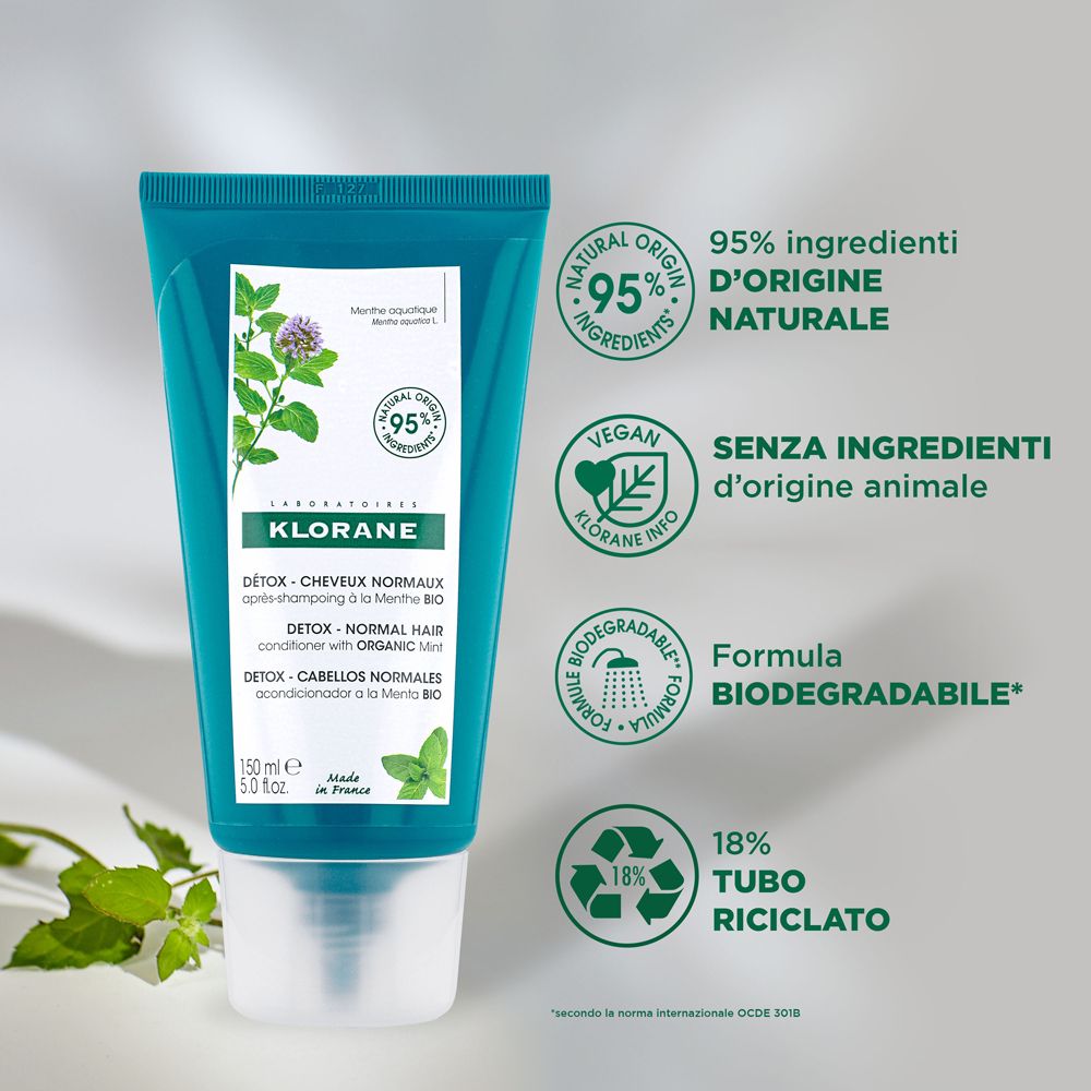 Tubo turchese Klorane, testo e illustrazioni. 95% ingredienti naturali, vegano, biodegradabile.
