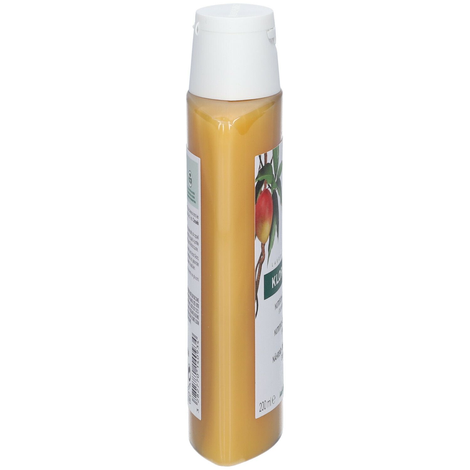 Vue latérale d'un flacon de shampooing jaune. Texte et illustration de mangue visibles.