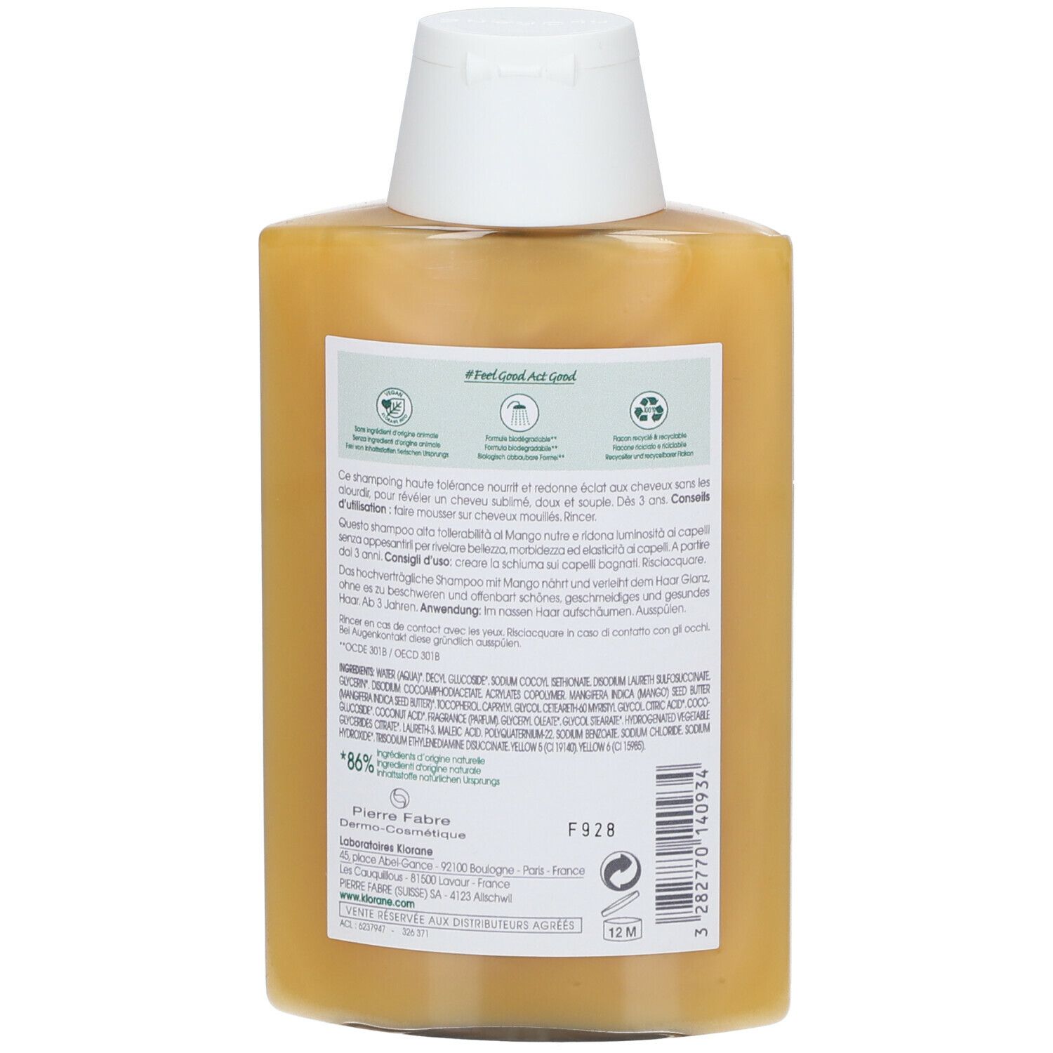 Dos d'un flacon de shampooing jaune. Texte en plusieurs langues, dont le français. Informations d'utilisation.