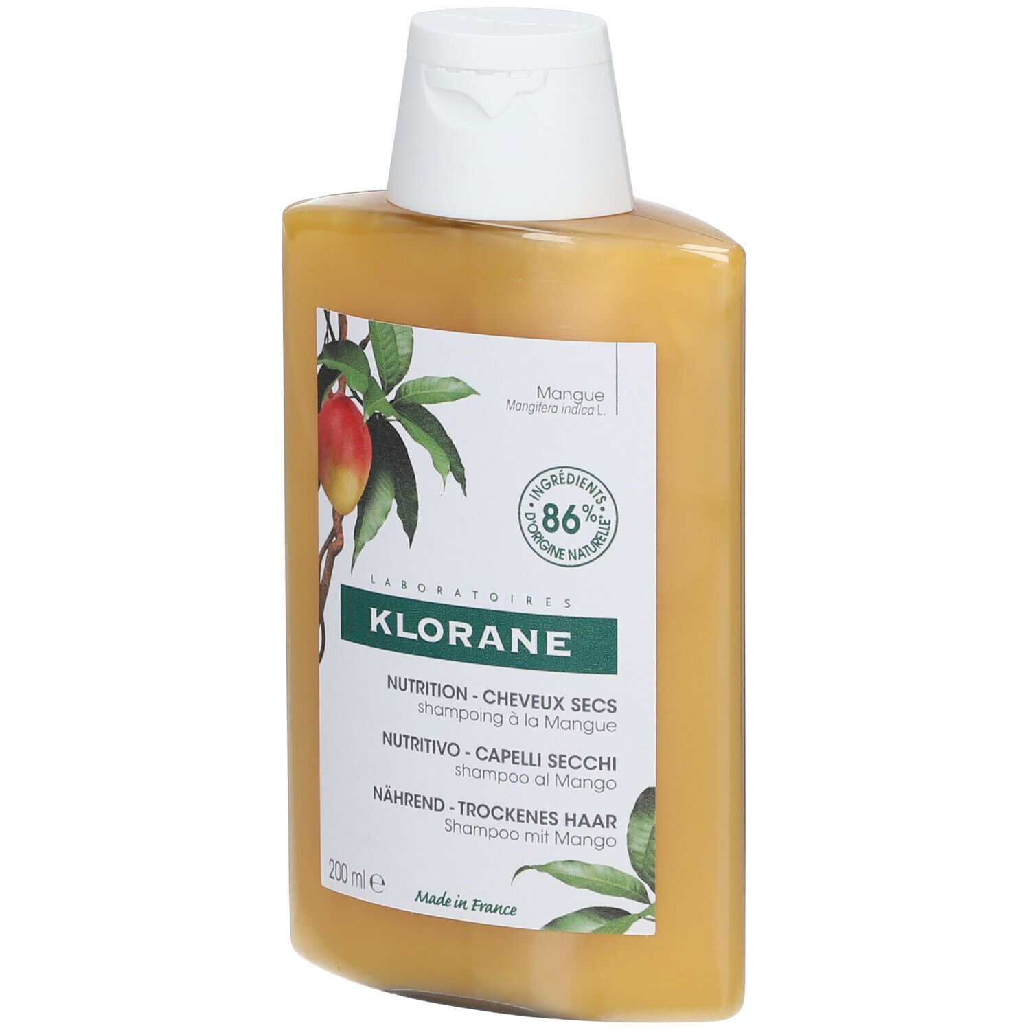 Flacon de shampooing jaune avec illustration de mangue et texte: KLORANE, Shampooing, 86% ingrédients naturels.