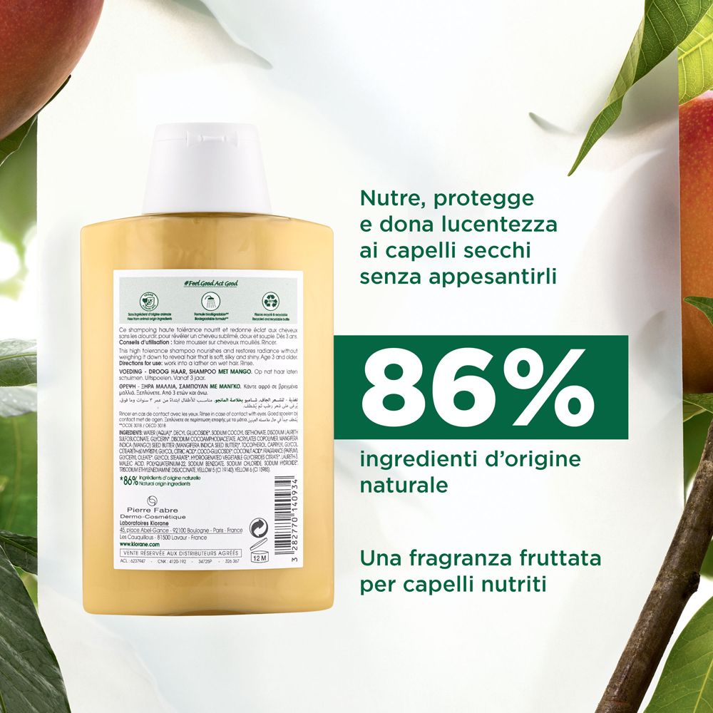 Dos d'un flacon de shampooing jaune. Texte: 86% ingrédients naturels. Texte en italien.