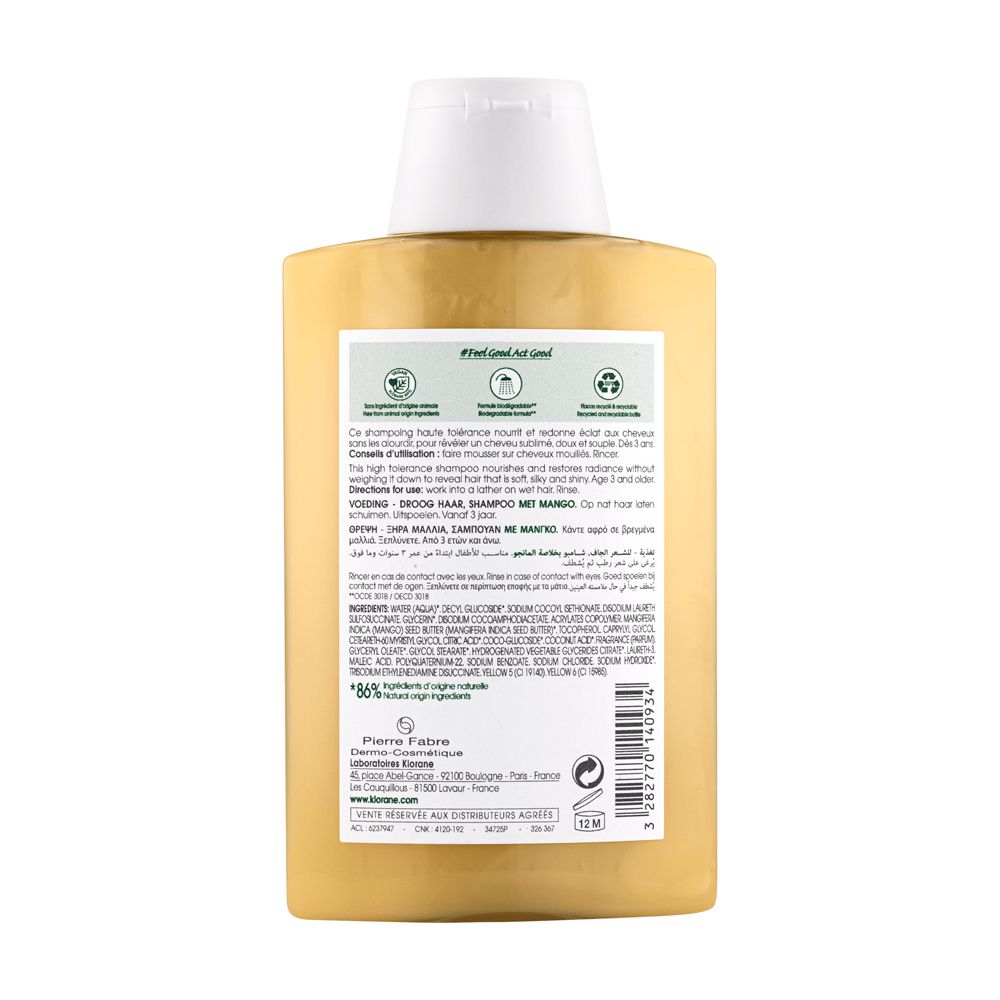 Dos d'un flacon de shampooing jaune. Texte en plusieurs langues, dont le français. Informations d'utilisation.