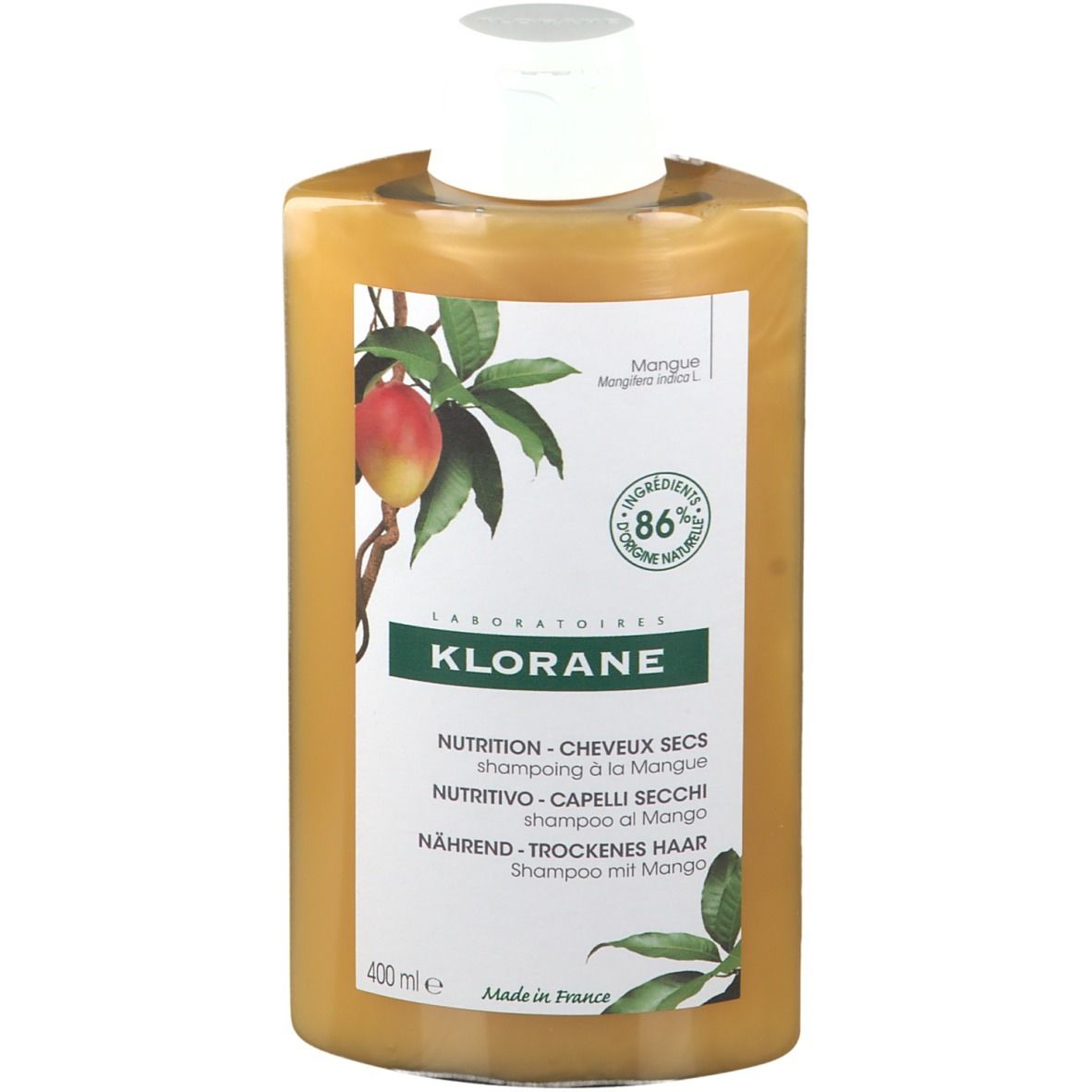 Flacone di shampoo KLORANE Mango. Illustrazione di mango. Per capelli secchi. 400 ml. Fatto in Francia.
