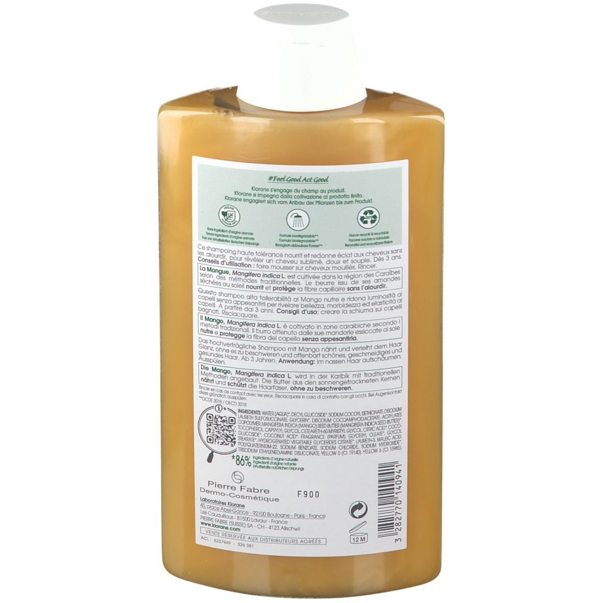 Retro del flacone di shampoo KLORANE Mango. Informazioni sul prodotto. Codice QR. Fatto in Francia.