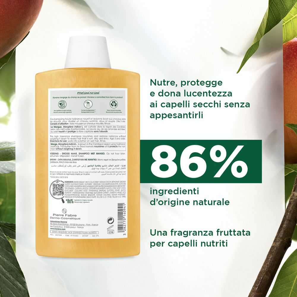 Retro del flacone di shampoo KLORANE Mango. 86% ingredienti naturali. Flacone riciclabile. Biodegradabile.