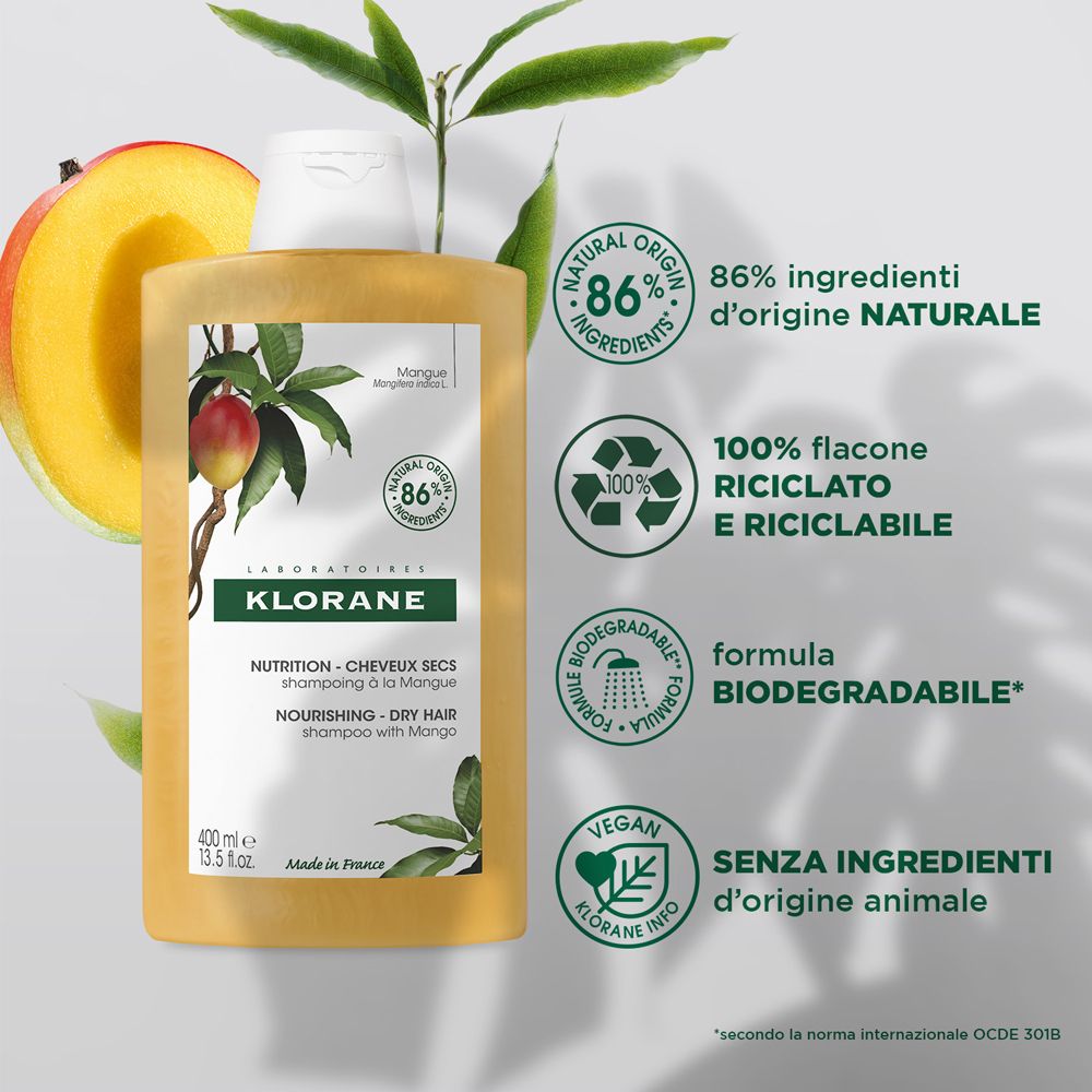 Flacone di shampoo KLORANE Mango con mango e foglie. 86% ingredienti naturali. Flacone riciclabile. Vegano.